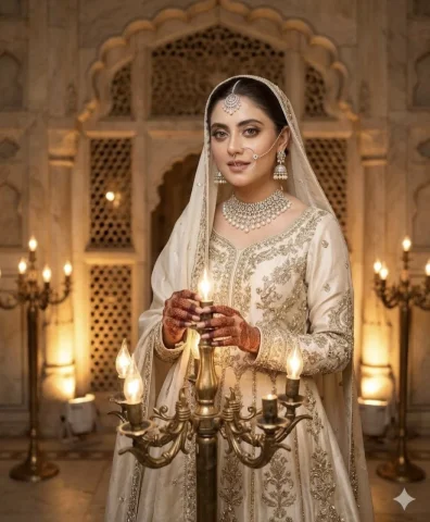 South Asian Bridal Lehenga Editorial — Nano Banana 2 AI Prompt: A stunning, high-fashion editorial photograph of a South Asian woman in a regal...