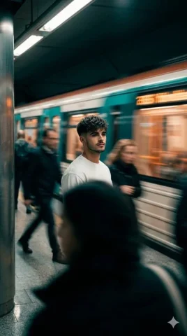 Cinematic Subway Motion Blur Portrait — Nano Banana 2 AI Prompt: Cinematic urban scene of a man as per reference photo standing still on a subway...