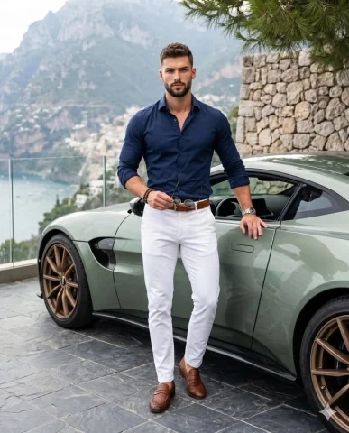 Luxury Automotive Lifestyle Male Portrait — Nano Banana 2 AI Prompt: A muscular male with short textured hair and a groomed beard stands fully in fra...