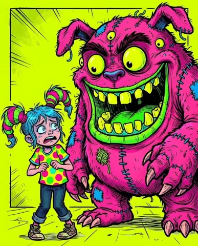Fluorescent Comic Book Monster Art — Nano Banana 2 AI Prompt: A young girl with blue hair and a distressed expression stands in front of a gia...