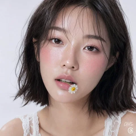Chamomile Dewy Beauty — Nano Banana 2 AI Prompt: [핵심요구사항] 짧은 단발머리를 한 얼굴을 클로즈업한 초상화로, 입술 사이에 작은...