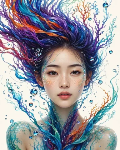 Mythical Water Spirit — Nano Banana 2 AI Prompt: 主題：水の精霊 人物・表情：若い女性、柔らかな卵型の輪郭、繊細な目鼻立ち、黒に近...