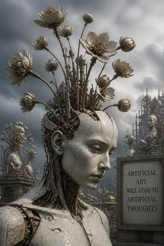 Mechanical Lotus Android — Nano Banana 2 AI Prompt: Create a dark cinematic surreal sci-fi portrait in a ruined artificial garden: a...