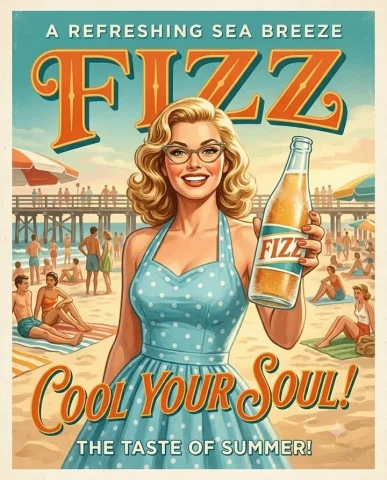 Vintage Soda Poster — Nano Banana 2 AI Prompt: A pair of vintage-style mid-century advertisement posters featuring a smiling wo...