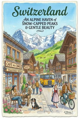 Watercolor Travel Posters — Nano Banana 2 AI Prompt: A pair of vintage-style travel poster illustrations by A. Moreau, featuring a wh...