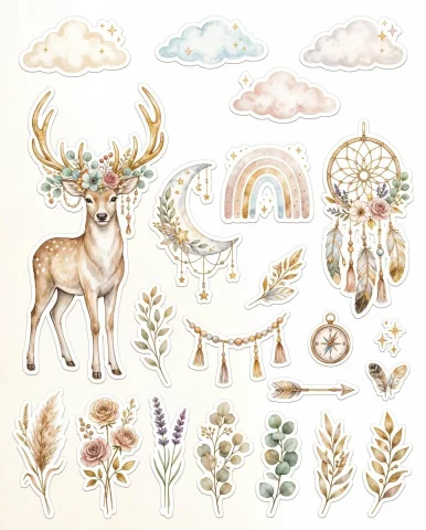 Boho Sticker Collection — Nano Banana 2 AI Prompt: luxury boho sticker collection, elegant deer with golden antlers, soft rainbow a...