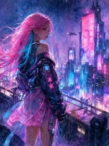 Watercolor Cyberpunk Girl — Nano Banana 2 AI Prompt: Create a vertical cyberpunk watercolor illustration of one young woman seen from...