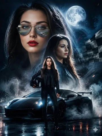 Female Street Racer Poster — Nano Banana 2 AI Prompt: A dramatic multi-layered composition featuring a beautiful female street racer....