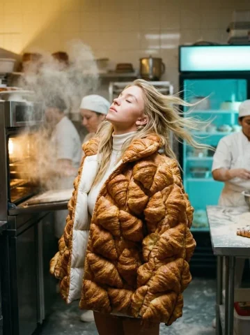 Croissant Puffer Fashion — Nano Banana 2 AI Prompt: {"vibe_title_en": "Surreal Pastry Euphoria", "master_prompt": "Medium close-up (...