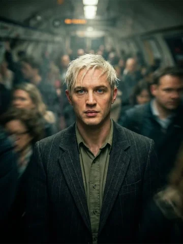 Motion Blur Subway Portrait — Nano Banana 2 AI Prompt: Cinematic editorial portrait of a man in his early 30's standing motionless at t...