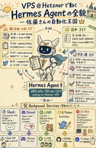 Hermes Agent Sketchnote — Nano Banana 2 AI Prompt: Goal: Create a vertical hand-drawn graphic recording infographic in Japanese abo...