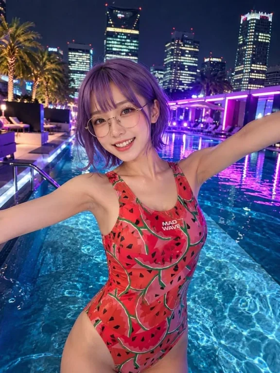 Neon Rooftop Pool Selfie
