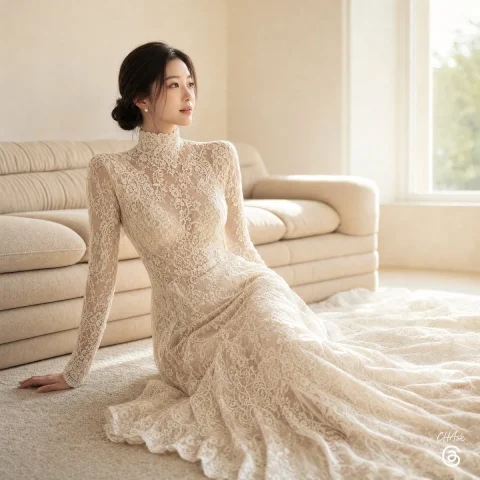 Sunlit Lace Bride — Nano Banana 2 AI Prompt: A photorealistic luxury bridal editorial image of a faceless bride in an ivory l...
