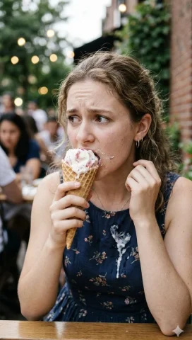 Melting Ice Cream Portrait — Nano Banana 2 AI Prompt: A realistic portrait prompt depicting a young woman in a floral dress looking st...