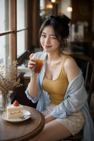 Censored Cafe Portrait — Nano Banana 2 AI Prompt: A photorealistic café lifestyle portrait of a seated woman holding iced tea besi...