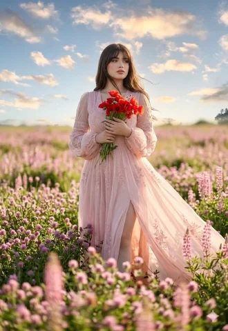 Pink Chiffon Wildflowers — Nano Banana 2 AI Prompt: A cinematic fashion portrait of a woman in a flowing chiffon gown walking throug...