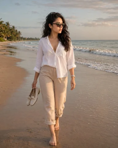 Coastal Lifestyle Photo — Nano Banana 2 AI Prompt: A photorealistic cinematic editorial prompt for a full-body shot of a woman walk...
