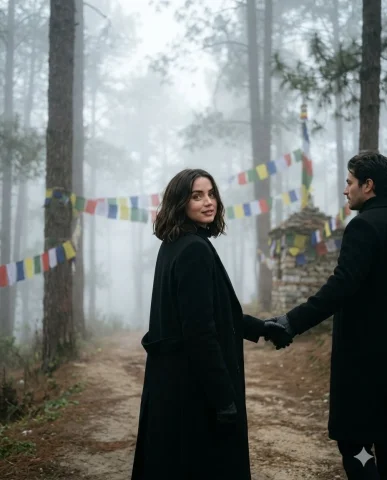 Misty Forest Couple — Nano Banana 2 AI Prompt: A cinematic 'follow me' style prompt of a couple walking through a foggy Himalay...