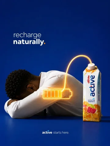 Natural Energy Beverage Ad — Nano Banana 2 AI Prompt: A premium conceptual beverage campaign image showing an exhausted person being r...