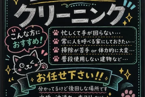 Japanese Cleaning Sign — Nano Banana 2 AI Prompt: A cute Japanese chalkboard-style cleaning service sign with hand-drawn lettering...