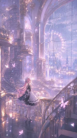 Gothic Library Balcony — Nano Banana 2 AI Prompt: A dreamy anime fantasy scene of a gothic lolita girl in a luminous cathedral lib...