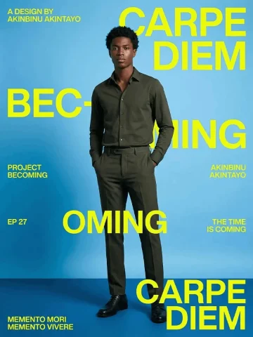 Carpe Diem Fashion Poster — Nano Banana 2 AI Prompt: A bold cyan-and-neon editorial poster featuring a full-body fashion portrait wit...