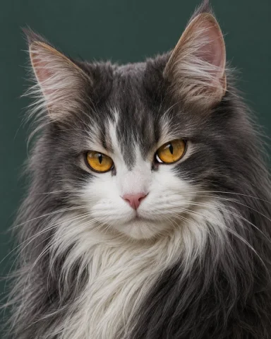 Realistic Long-Haired Cat — Nano Banana 2 AI Prompt: A photorealistic close-up studio portrait of a fluffy bicolor cat with amber eye...