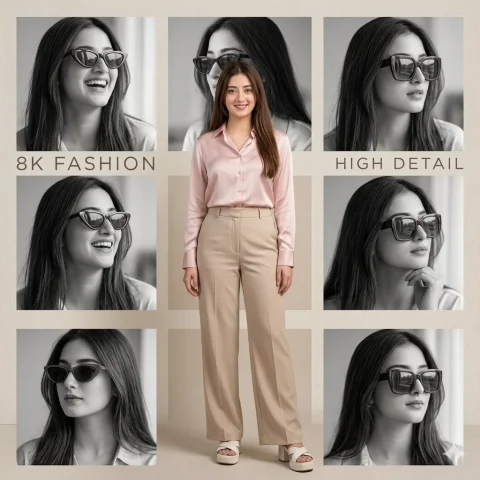 Pink Shirt Collage Portrait — Nano Banana 2 AI Prompt: A minimalist fashion photography prompt for a young woman in a pink shirt and be...
