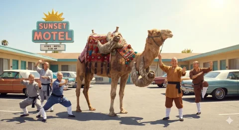 Surreal Motel Scene — Nano Banana 2 AI Prompt: A bizarre prompt depicting a confrontation or comparison between a camel and a m...