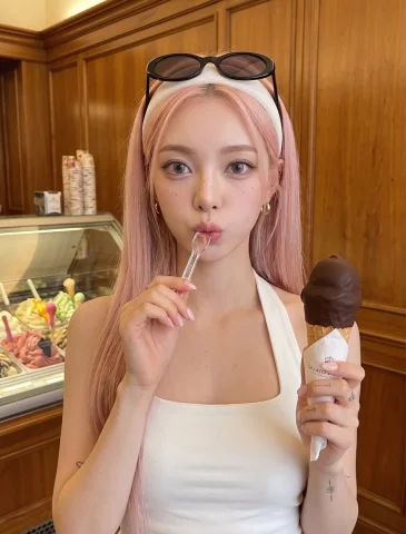 Ice Cream Shop Portrait — Nano Banana 2 AI Prompt: A detailed descriptive prompt for a woman in an ice cream shop, focusing on fash...