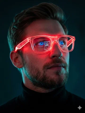 Neon Red Glasses Portrait — Nano Banana 2 AI Prompt: A moody synthwave portrait of a man with electric blue eyes wearing glowing neon...