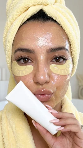 Luxury Skincare Selfie — Nano Banana 2 AI Prompt: A high-resolution beauty selfie prompt featuring a butter-yellow spa aesthetic a...