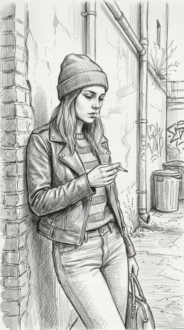 Urban Pencil Portrait — Nano Banana 2 AI Prompt: This pencil sketch depicts a young woman leaning against a brick wall in a narro...