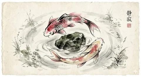 Sumi-e Koi Painting — Nano Banana 2 AI Prompt: A traditional Japanese ink wash painting of a pair of graceful koi fish circling...