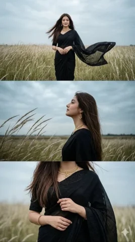 Black Saree Triptych — Nano Banana 2 AI Prompt: A TRIPTYCH OF A SLENDER YOUNG WOMAN (USE 100% REFERENCE FROM UPLOADED IMAGE) WIT...