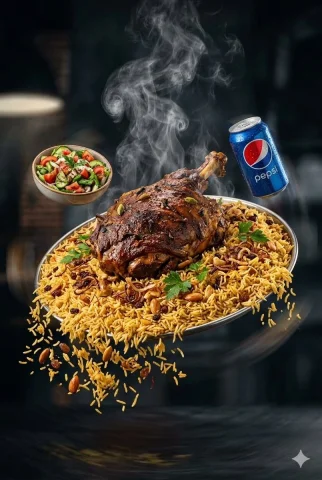 Floating Kabsa Ad — Nano Banana 2 AI Prompt: A massive saudi lamb Kabsa floating in mid-air with rice flowing over the sides....