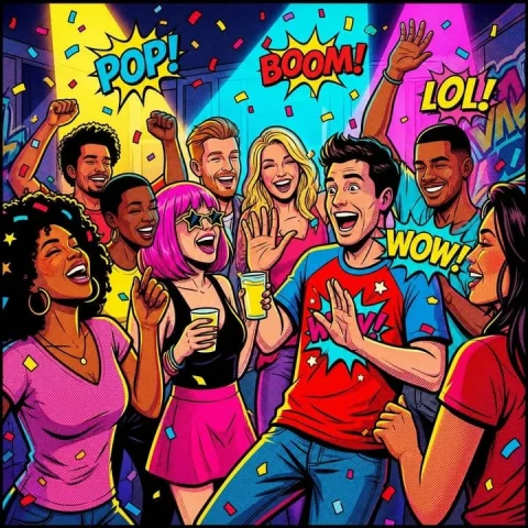 Pop-Art Party Illustration — Nano Banana 2 AI Prompt: Pop art style illustration of a lively group of friends at a high-energy party,...