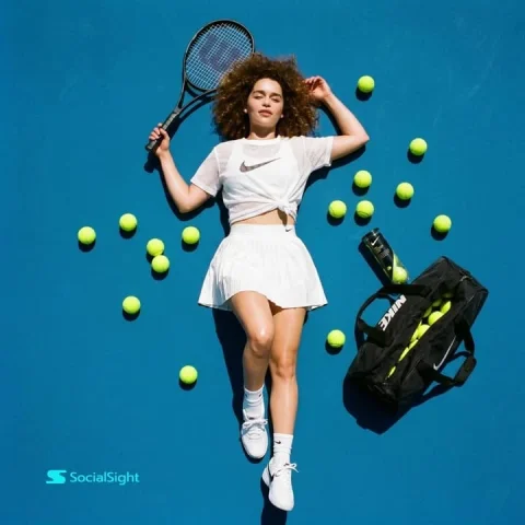 Tennis Flat-Lay Fashion Editorial — Nano Banana 2 AI Prompt: Ultra-realistic top-down flat lay fashion sports photography of a young woman wi...