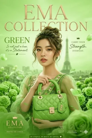 Green Fashion Magazine Cover — Nano Banana 2 AI Prompt: This fashion advertisement features a young woman with an elegant updo posing in...