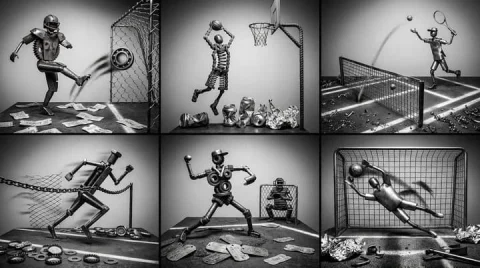 Scrap Metal Sports Dioramas — Nano Banana 2 AI Prompt: Identify 6 sports moments => reconstructed as dynamic scrap-metal dioramas where...