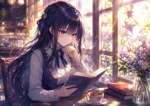 Sunlit Anime Cafe Reader — GPT Image 2.5 AI Prompt: Create a richly detailed anime-style illustration of an elegant cool-toned young...