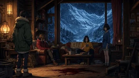 Mountain Lodge Anime Scene — GPT Image 2.5 AI Prompt: A cinematic single-panel anime illustration of a ruined mountain lodge interior...