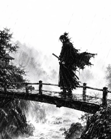 Rainstorm Ronin Bridge — GPT Image 2.5 AI Prompt: Create a dramatic monochrome ink illustration in the style of a gritty Japanese...
