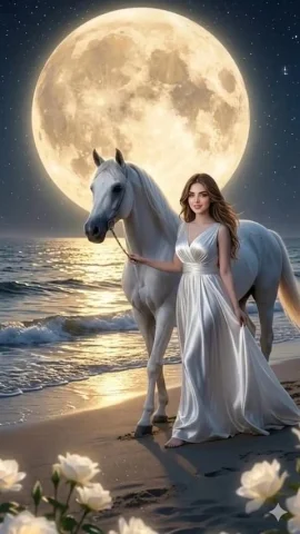 Moonlit Beach Horse Walk — Nano Banana 2 AI Prompt: A cinematic, wide-angle shot of a graceful woman in a flowing, ethereal white si...