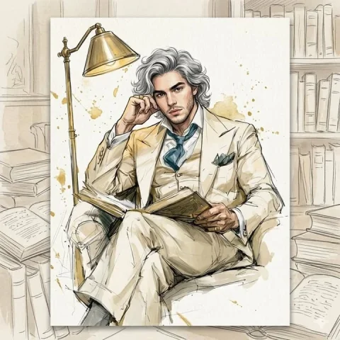Ink Library Illustration — Nano Banana 2 AI Prompt: { "subject": { "character": "A handsome young man with thick, wavy, silver-grey...