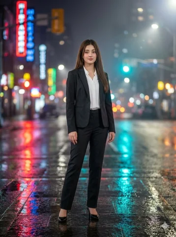 Urban Night Portrait — Nano Banana 2 AI Prompt: Ultra-realistic cinematic portrait of a stylish young woman standing confidently...