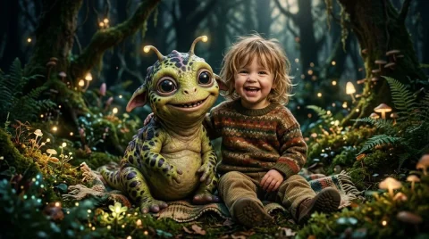 Child and Alien Creature — Nano Banana 2 AI Prompt: realistic portrait photography, a smiling toddler boy beside his adorable smilin...