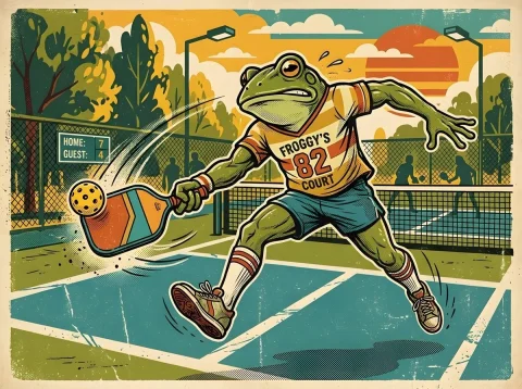 Retro Pickleball Frog — Nano Banana 2 AI Prompt: highly detailed illustration of an anthropomorphic frog playing pickleball on an...