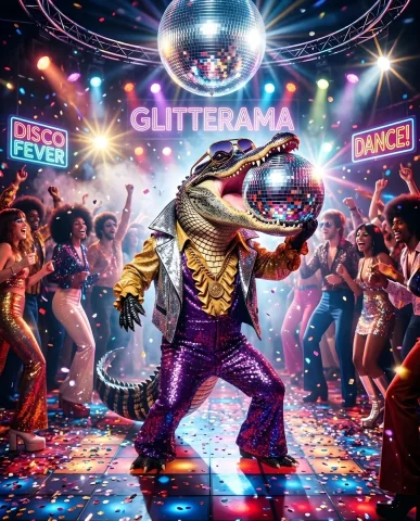 Retro Disco Alligator — Nano Banana 2 AI Prompt: An alligator at a disco holding a disco ball in it's mouth, dressed in retro 197...