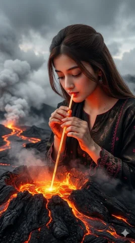 Lava Volcano Portrait — Nano Banana 2 AI Prompt: Surreal cinematic photorealistic portrait of a young woman using the attached re...